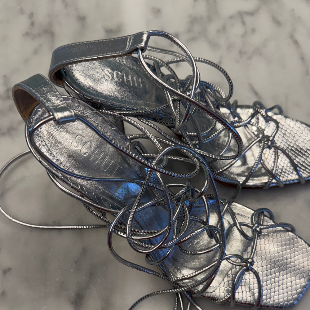 SCHUTZ Metallic Silver Lace-Up Heels NEW no box